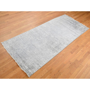 4'x9'8" Coin Gray, Broken And Erased Persian Design, Wide Runner, Wool And Silk, Hand Knotted Oriental Rug FWR526074