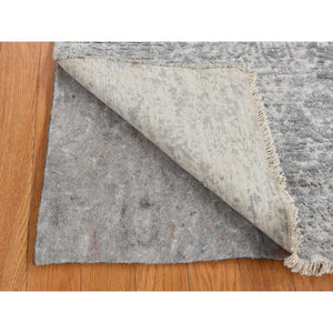 4'x9'8" Coin Gray, Broken And Erased Persian Design, Wide Runner, Wool And Silk, Hand Knotted Oriental Rug FWR526074