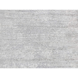 4'x9'8" Coin Gray, Broken And Erased Persian Design, Wide Runner, Wool And Silk, Hand Knotted Oriental Rug FWR526074