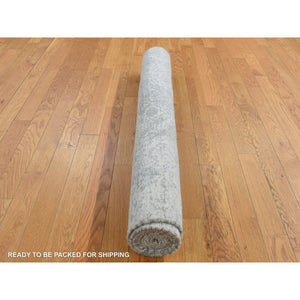 4'x9'8" Coin Gray, Broken And Erased Persian Design, Wide Runner, Wool And Silk, Hand Knotted Oriental Rug FWR526074