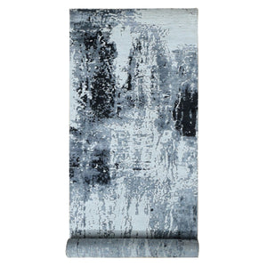 4'2"x13'1" Gray with Black, Abstract Design, Wool and Silk, Hand Knotted, Wide Runner, Oriental Rug FWR526080
