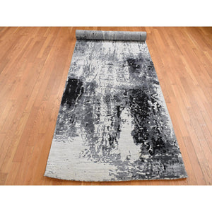 4'2"x13'1" Gray with Black, Abstract Design, Wool and Silk, Hand Knotted, Wide Runner, Oriental Rug FWR526080