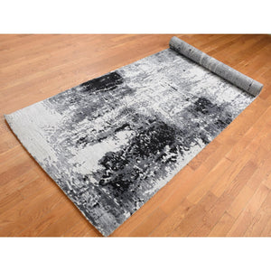 4'2"x13'1" Gray with Black, Abstract Design, Wool and Silk, Hand Knotted, Wide Runner, Oriental Rug FWR526080