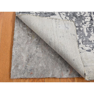 4'2"x13'1" Gray with Black, Abstract Design, Wool and Silk, Hand Knotted, Wide Runner, Oriental Rug FWR526080