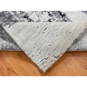 4'2"x13'1" Gray with Black, Abstract Design, Wool and Silk, Hand Knotted, Wide Runner, Oriental Rug FWR526080