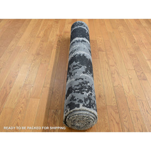 4'2"x13'1" Gray with Black, Abstract Design, Wool and Silk, Hand Knotted, Wide Runner, Oriental Rug FWR526080