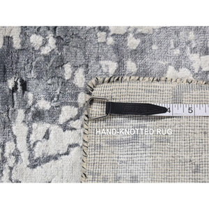 4'2"x13'1" Gray with Black, Abstract Design, Wool and Silk, Hand Knotted, Wide Runner, Oriental Rug FWR526080