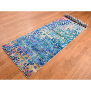 3'x12'4" Admiral Blue, The Peacock, Sari Silk, Colorful, Hand Knotted, Wide Runner, Oriental Rug FWR526086
