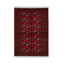 Load image into Gallery viewer, 3&#39;2&quot;x4&#39;8&quot; Crimson Red, New Persian Turkoman Bokara with Geometric Medallion Design, Pure Wool, Hand Knotted, Oriental Rug FWR526098