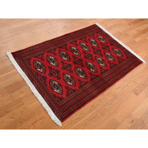 3'2"x4'8" Crimson Red, New Persian Turkoman Bokara with Geometric Medallion Design, Pure Wool, Hand Knotted, Oriental Rug FWR526098