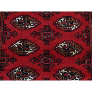3'2"x4'8" Crimson Red, New Persian Turkoman Bokara with Geometric Medallion Design, Pure Wool, Hand Knotted, Oriental Rug FWR526098