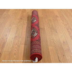 3'2"x4'8" Crimson Red, New Persian Turkoman Bokara with Geometric Medallion Design, Pure Wool, Hand Knotted, Oriental Rug FWR526098