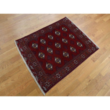 Load image into Gallery viewer, 3&#39;3&quot;x4&#39;2&quot; Sangria Red, Persian Turkoman Bokara With Geometric Design, Pure Wool, Hand Knotted Oriental Rug FWR526104