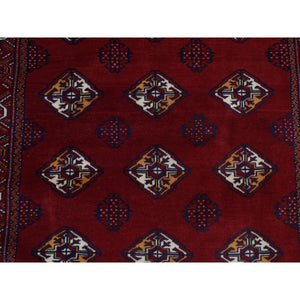 3'3"x4'2" Sangria Red, Persian Turkoman Bokara with Geometric Design, Pure Wool, Hand Knotted Oriental Rug FWR526104
