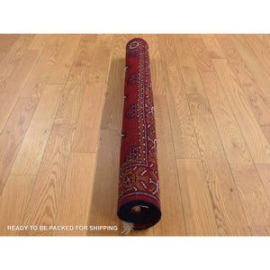 3'3"x4'2" Sangria Red, Persian Turkoman Bokara with Geometric Design, Pure Wool, Hand Knotted Oriental Rug FWR526104