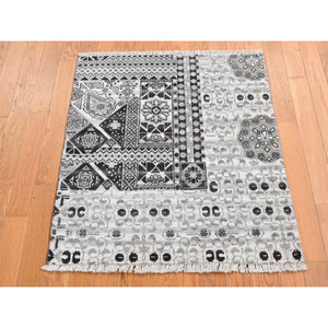 2'8"x3' Cloud Gray, Sampler Mamluk Design, Pure Wool, Hand Knotted Oriental Rug FWR526116