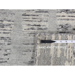 2'6"x17'10" Spanish Gray, Hand Spun Undyed Natural Wool, Modern Criss Cross Erased Design, XL Runner, Hand Knotted, Oriental Rug FWR526122