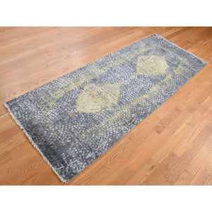 3'x8' Nevada Gray With Gold, Persian Medallion Design, Wool And Pure Silk, Wide Runner, Hand Knotted, Oriental Rug FWR526128