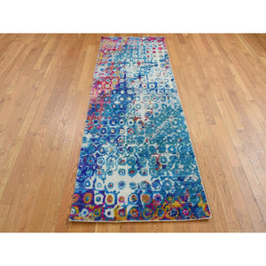 3'x8'2" Admiral Blue, The Peacock, Sari Silk, Colorful, Hand Knotted, Wide Runner, Oriental Rug FWR526134