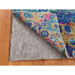 3'x8'2" Admiral Blue, The Peacock, Sari Silk, Colorful, Hand Knotted, Wide Runner, Oriental Rug FWR526134