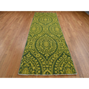 4'1"x11'8" Green Overdyed, Mughal Design, Tone on Tone, Peshawar Hand Knotted, Pure Wool, Wide Runner Oriental Rug FWR526158