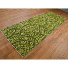 Load image into Gallery viewer, 4&#39;1&quot;x11&#39;8&quot; Green Overdyed, Mughal Design, Tone on Tone, Peshawar Hand Knotted, Pure Wool, Wide Runner Oriental Rug FWR526158