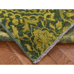 4'1"x11'8" Green Overdyed, Mughal Design, Tone on Tone, Peshawar Hand Knotted, Pure Wool, Wide Runner Oriental Rug FWR526158