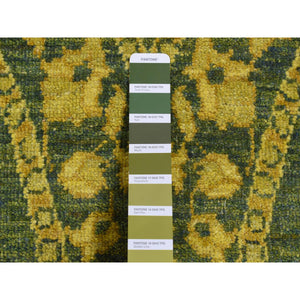 4'1"x11'8" Green Overdyed, Mughal Design, Tone on Tone, Peshawar Hand Knotted, Pure Wool, Wide Runner Oriental Rug FWR526158