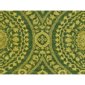 4'1"x11'8" Green Overdyed, Mughal Design, Tone on Tone, Peshawar Hand Knotted, Pure Wool, Wide Runner Oriental Rug FWR526158