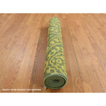 Load image into Gallery viewer, 4&#39;1&quot;x11&#39;8&quot; Green Overdyed, Mughal Design, Tone on Tone, Peshawar Hand Knotted, Pure Wool, Wide Runner Oriental Rug FWR526158