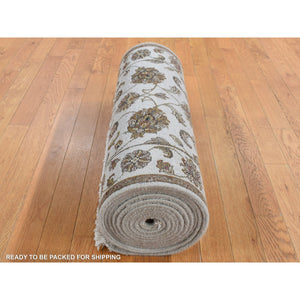 2'7"x16' Eggshell White, Half Wool And Half Silk, Rajasthan With All Over Leaf Design, Hand Knotted, Xl Runner, Oriental Rug FWR526164