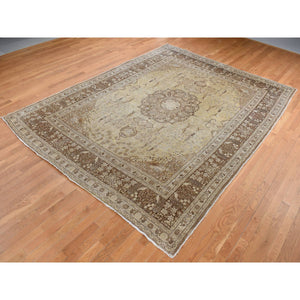 9'2"x12'5" Beeswax Brown, Antique Persian Tabriz, Birds and Trees Design, Pure Wool, Even Wear, Hand Knotted, Oriental Rug FWR526206
