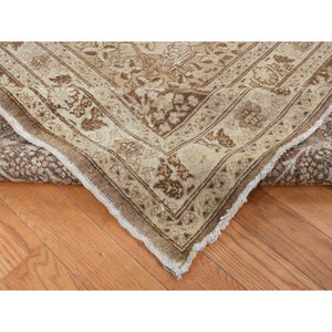 9'2"x12'5" Beeswax Brown, Antique Persian Tabriz, Birds and Trees Design, Pure Wool, Even Wear, Hand Knotted, Oriental Rug FWR526206