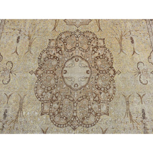 9'2"x12'5" Beeswax Brown, Antique Persian Tabriz, Birds and Trees Design, Pure Wool, Even Wear, Hand Knotted, Oriental Rug FWR526206