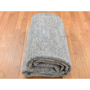 9'x12'3" Cadet Gray, Wool With Real Silk, Broken And Erased Intricate Contemporary Design, Hand Knotted, Oriental Rug FWR526218