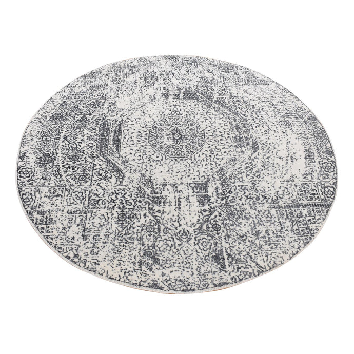 6'x6' Ivory with Mix of Gray, Hand Loomed with Mamluk Design, Tone on Tone, Pure Wool, Round Oriental Rug FWR526284