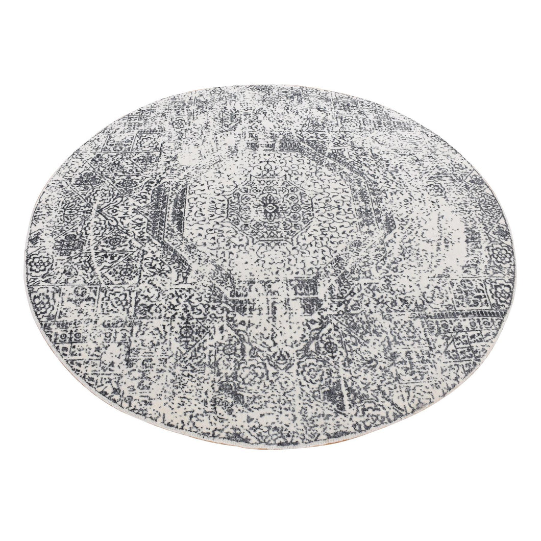 6'x6' Ivory with Mix of Gray, Hand Loomed with Mamluk Design, Tone on Tone, Pure Wool, Round Oriental Rug FWR526290