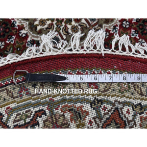 4'1"x5' Currant Red, Hand Knotted, Wool and Silk, Soft Pile, Thick and Plush, Rajasthan with All Over Leaf Design, Squarish, Oriental Rug FWR453636