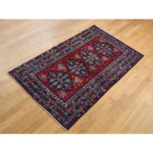 Load image into Gallery viewer, 3&#39;10&quot;x6&#39;5&quot; Carmine Red, Afghan Baluch With Repetitive Colorful Nomad Design, Pure Wool, Hand Knotted, Oriental Rug FWR526404