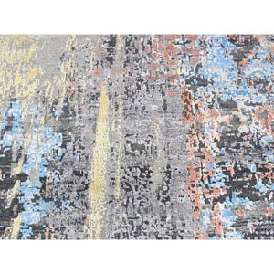 10'1"x10'1" Stone Gray, Silk with Textured Wool, Abstract Design, Hand Knotted, Round Oriental Rug FWR526434