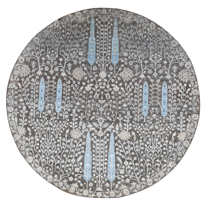 10'x10' Bistre Brown, Cypress Tree Design, Silk with Textured Wool, Hand Knotted, Round Oriental Rug FWR526446