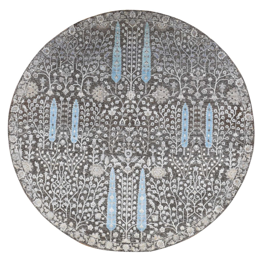 10'x10' Bistre Brown, Cypress Tree Design, Silk with Textured Wool, Hand Knotted, Round Oriental Rug FWR526446