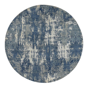10'x10' Yankees Blue, Abstract Design, Wool and Pure Silk, Hand Knotted, Round Oriental Rug FWR526452
