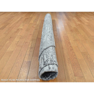 8'x8' Sonic Gray, Hand Spun Undyed Natural Wool, Modern Criss Cross Erased Design, Hand Knotted, Round Oriental Rug FWR526470