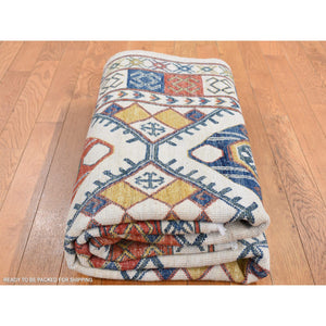 4'10"x7' Ivory, Pure Wool, Repetitive Design, Afghan Ersari, Hand Knotted, Oriental Rug FWR526584