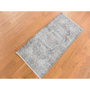 1'8"x3'7" Misty Gray, Pure Wool, Vintage Persian Kerman, Hand Knotted, Mat Oriental Rug FWR526650