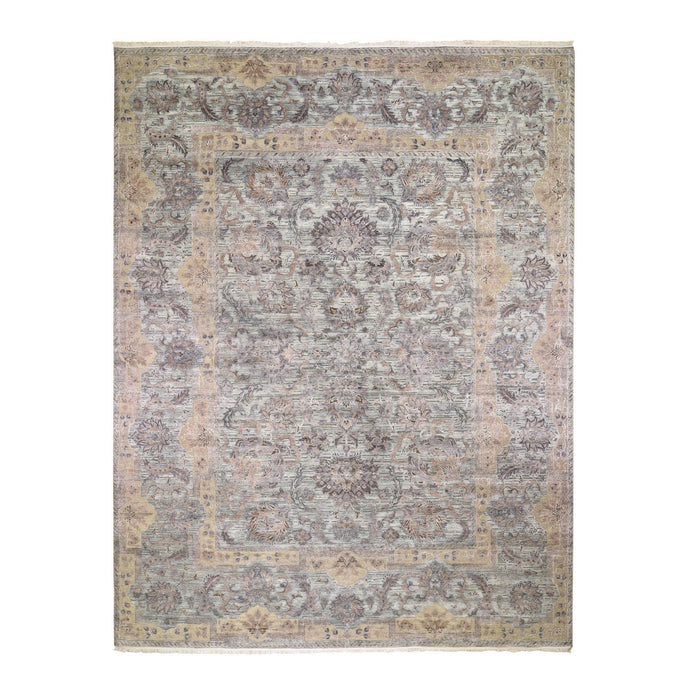 2'x3' Nyanza Green, Pure Silk with Textured Wool, Mughal Design, Hand Knotted, Mat Oriental Rug FWR526656