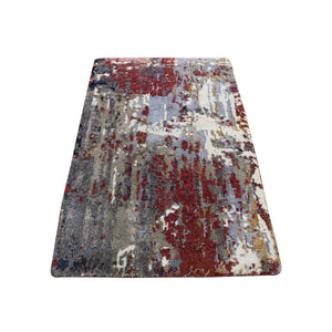 2'x3' Cloud Gray, Abstract Design, Wool and Silk, Hand Knotted, Sample Mat Oriental Rug FWR526722
