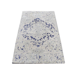2'x3'1" Gainsboro Gray, Diminishing Cypress Tree With Medallion Design, Silk with Textured Wool, Hand Knotted, Sample Mat Oriental Rug FWR526746