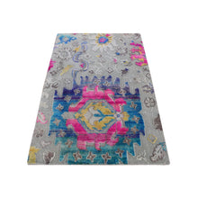 Load image into Gallery viewer, 2&#39;x3&#39;2&quot; Gainsboro Gray, Colorful Oushak Design, Sari Silk with Textured Wool, Hand Knotted, Sample Mat Oriental Rug FWR526794